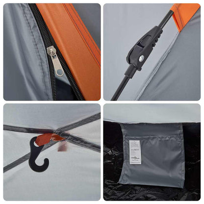Detail van de grijze vidaXL tent met oranje rits en snelontgrendelingsmechanisme.