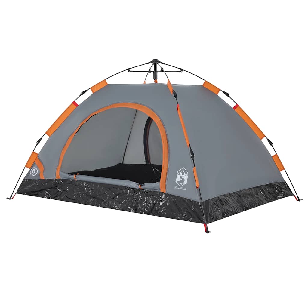 Detail van de vidaXL tent met grijze en oranje accenten, zijaanzicht met open ingang.