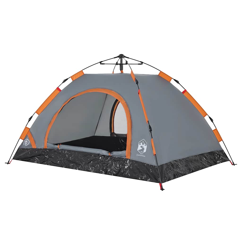 Detail van de vidaXL tent met grijze en oranje accenten, zijaanzicht met ingang.