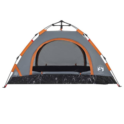 Detail van de grijs-oranje vidaXL 2-persoons tent met een groot gaasvenster.