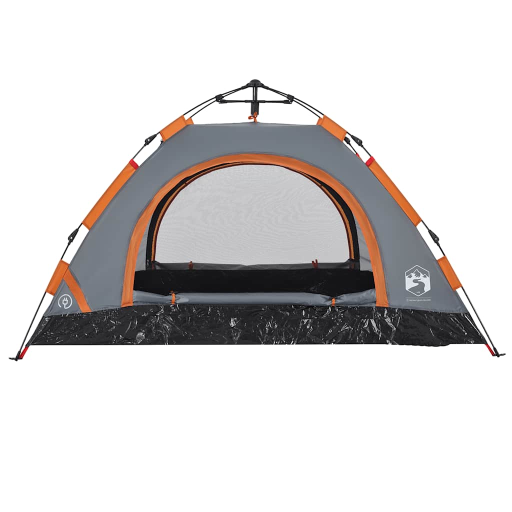 Detail van de vidaXL 2-persoons tent met grijze en oranje kleuren, zijaanzicht met gaasopening.