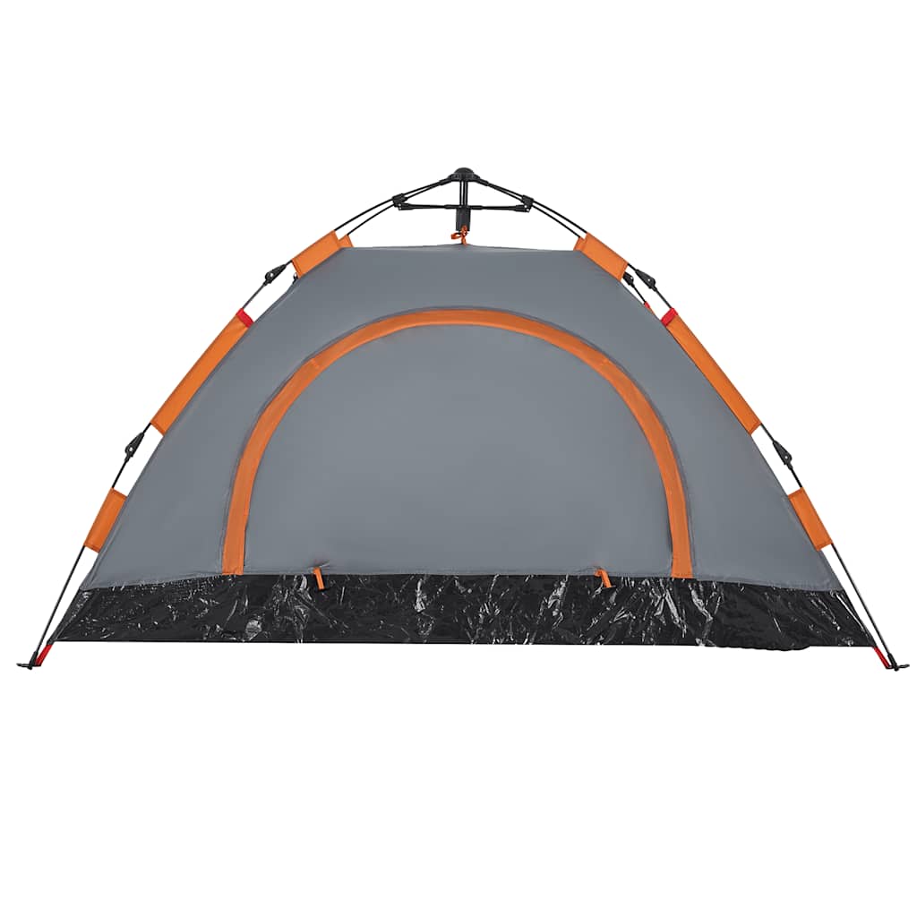 Detail van de grijze vidaXL tent met oranje accenten en een grote ingang.