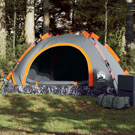 Grijze en oranje vidaXL 2-persoons tent met snelontgrendeling in een bosrijke omgeving.