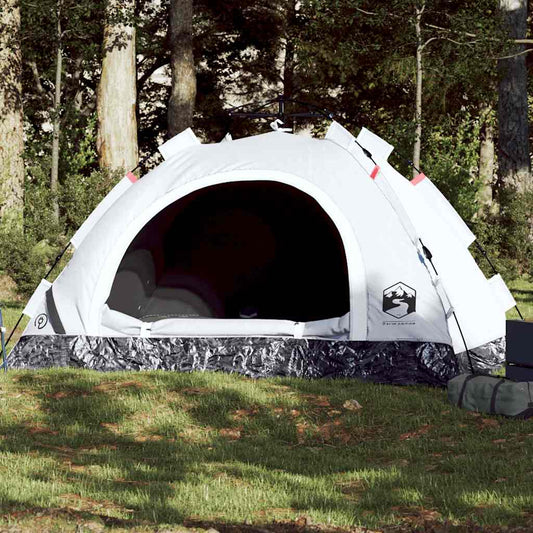 Tent vidaXL 2-persoons met verduisterende stof in wit, opengeklapt in een groene omgeving.