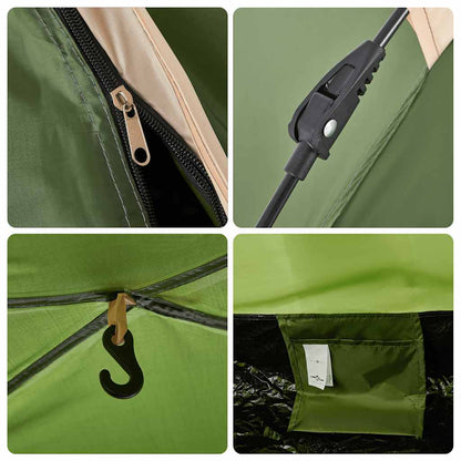 Detail van de groene vidaXL tent met rits, haak en snelspansysteem.