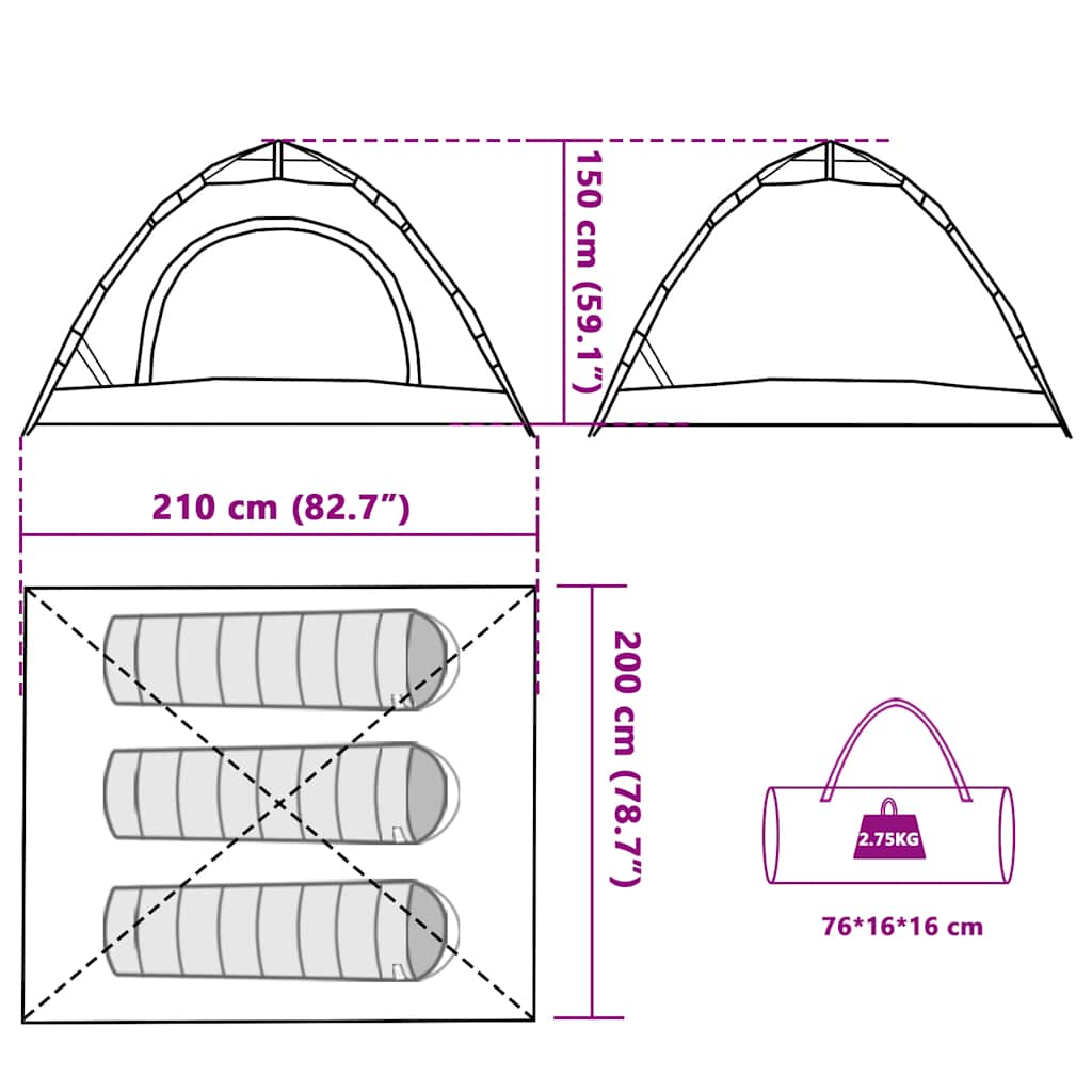 Detail van de afmetingen van de vidaXL 3-persoons tent met snelontgrendeling in groen.