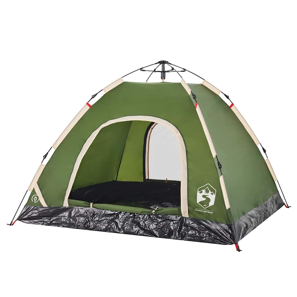 Detail van de vidaXL 3-persoons tent in groen, met open ingang en stevig grondzeil.