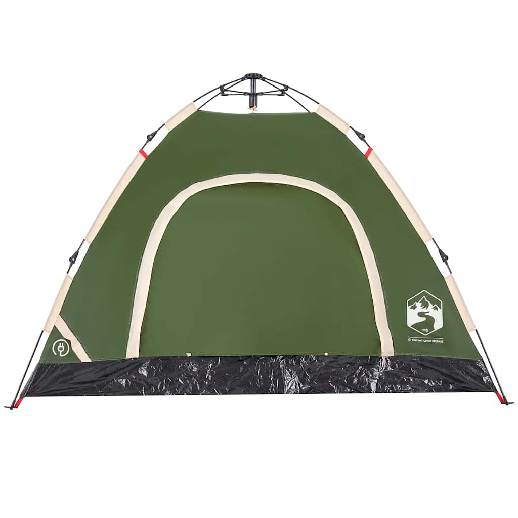 Detail van de groene vidaXL tent met snelontgrendeling, zijaanzicht van de ingang.