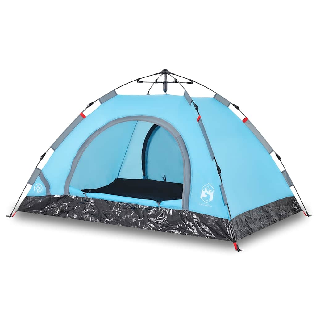 Zijaanzicht van de vidaXL 3-persoons tent in blauw met open ingang.