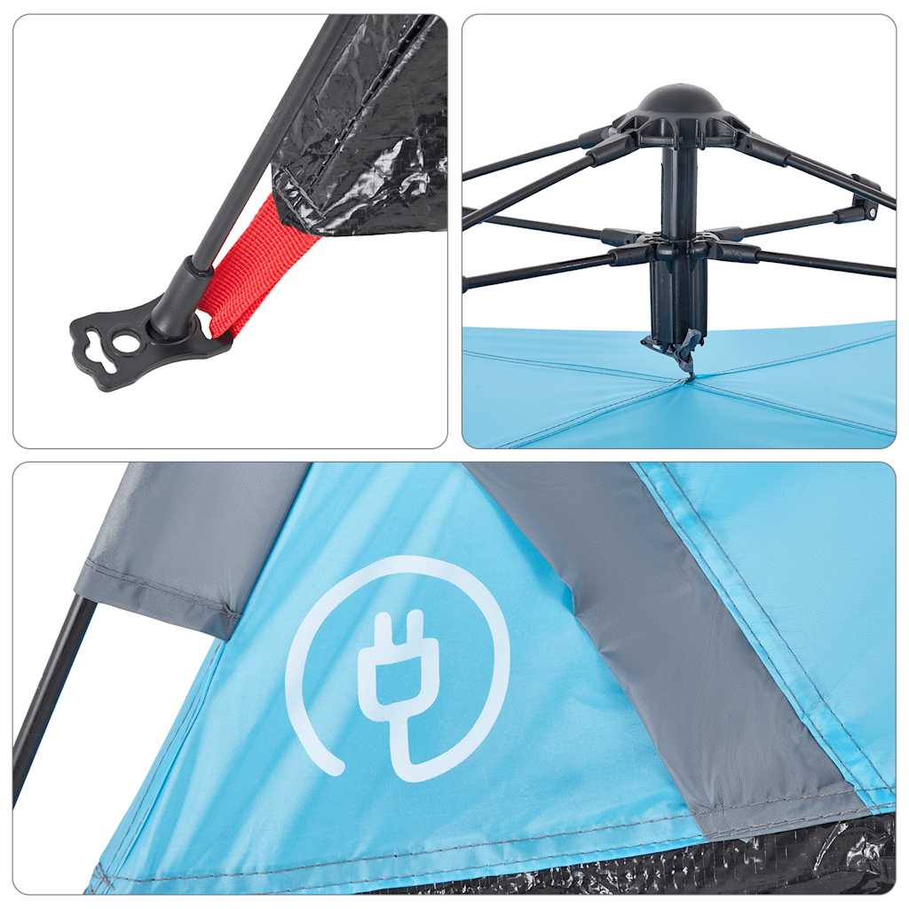 Detail van het snelspansysteem en de tentstructuur van de vidaXL 3-persoons tent in blauw.