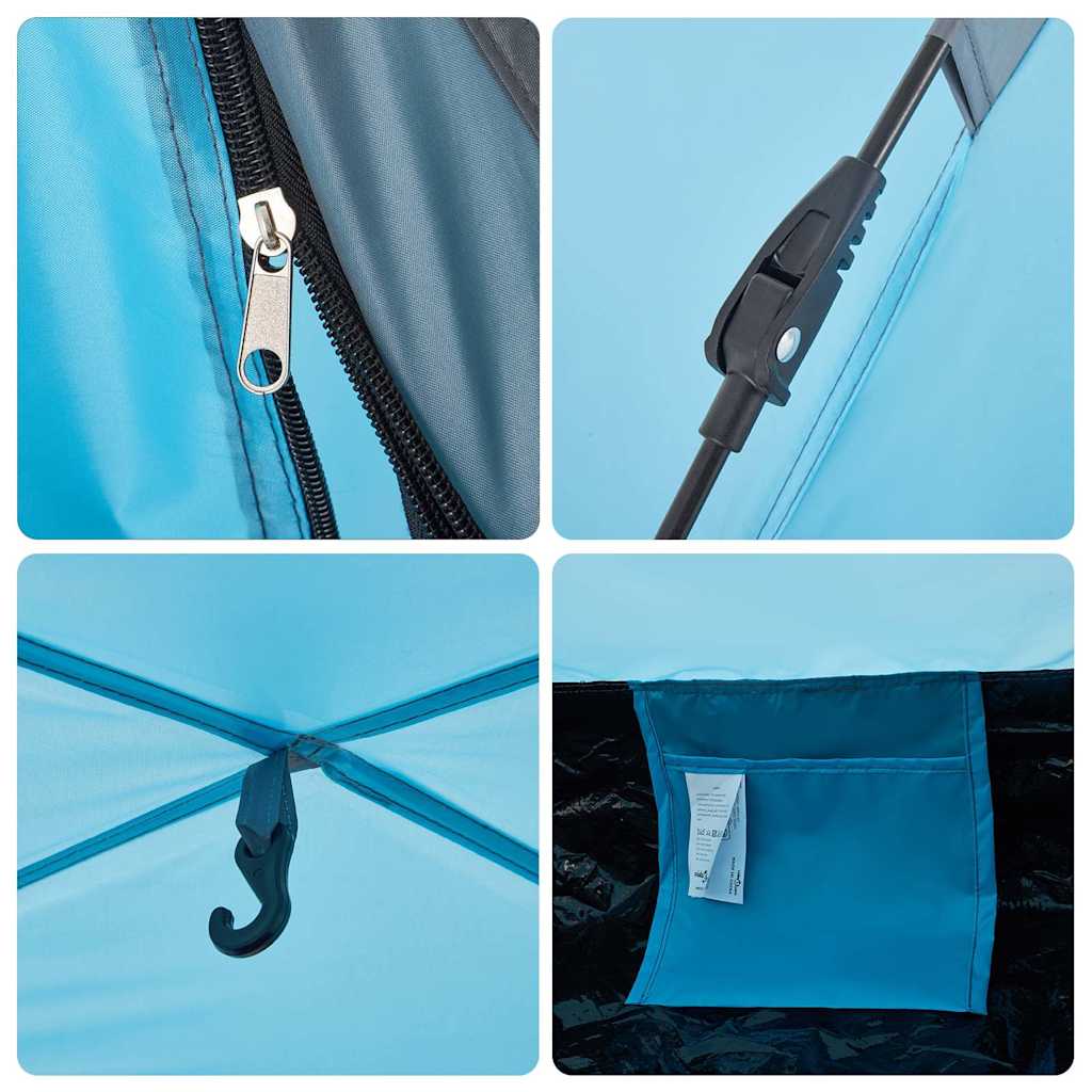 Detail van de rits en bevestigingshaak van de vidaXL 3-persoons tent in blauw.