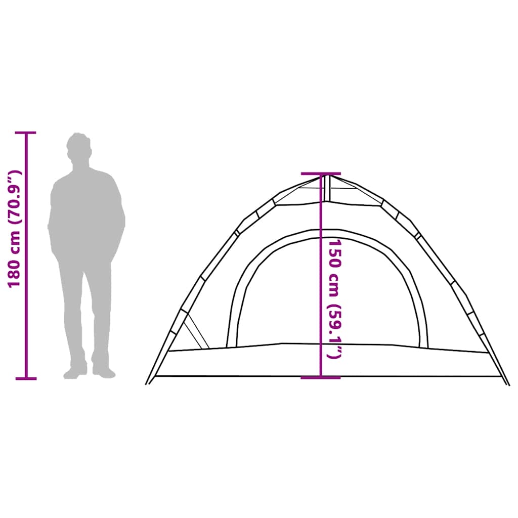 Zijaanzicht van de vidaXL 3-persoons tent met afmetingen en ingekleurde details.