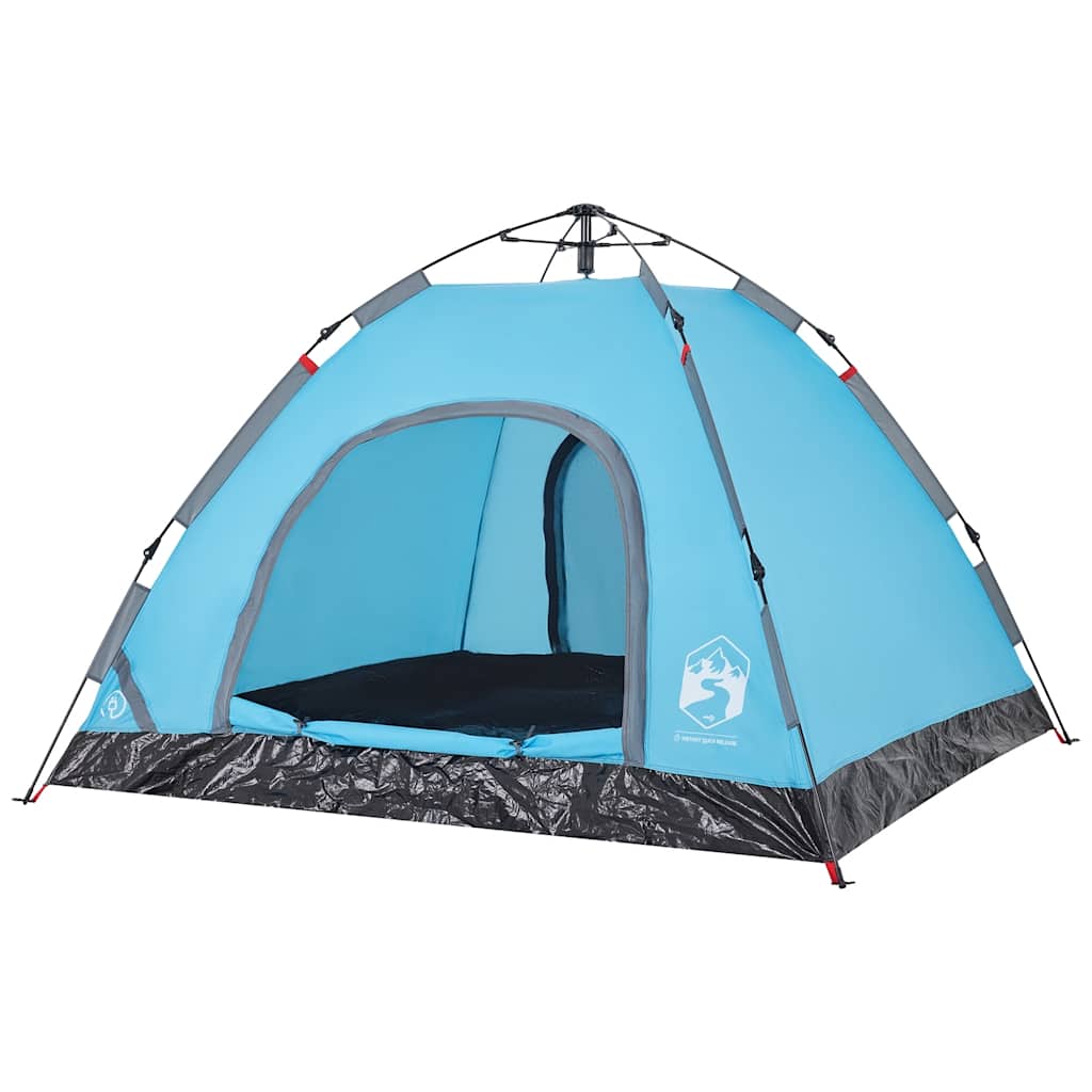 Detail van de blauwe vidaXL 3-persoons tent met open ingang en waterdichte onderzijde.