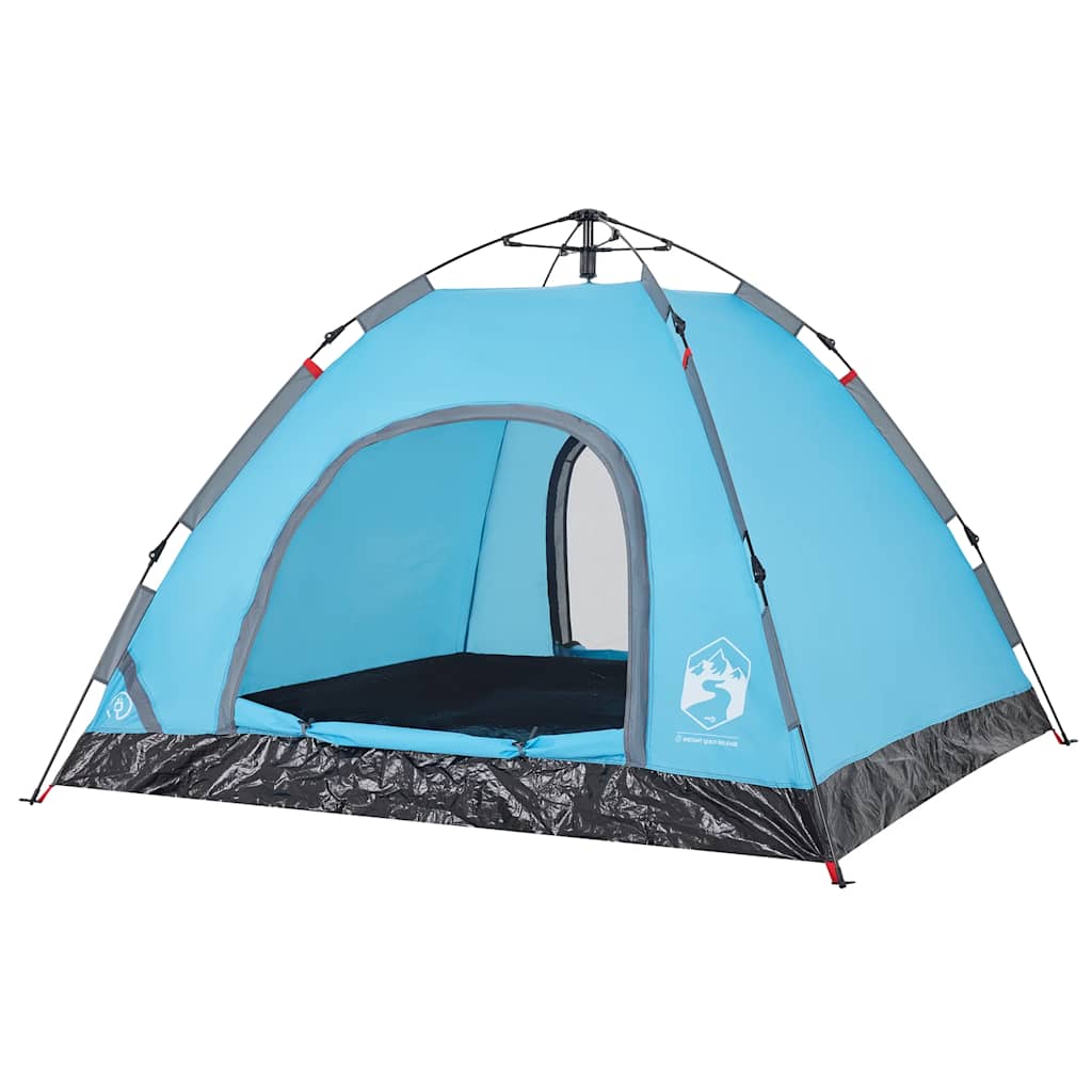 Zijaanzicht van de vidaXL 3-persoons tent in blauw met open ingang en gaaswanden.
