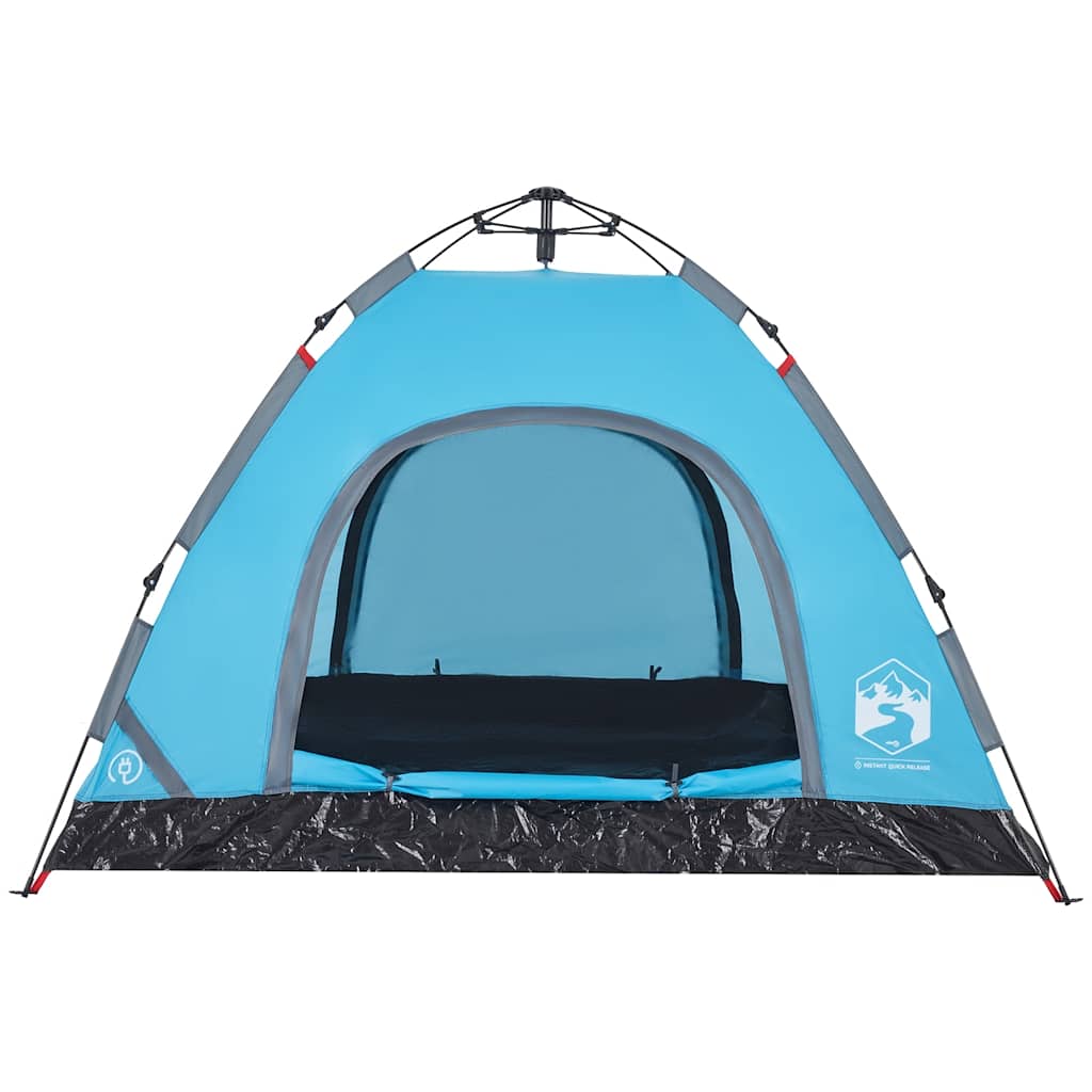 Zijaanzicht van de vidaXL 3-persoons tent in blauw met open ingang.
