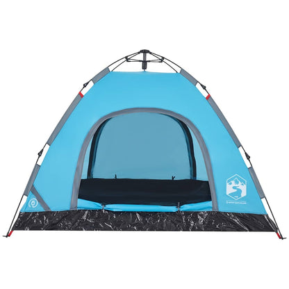 Zijaanzicht van de vidaXL 3-persoons tent in blauw met open ingang.