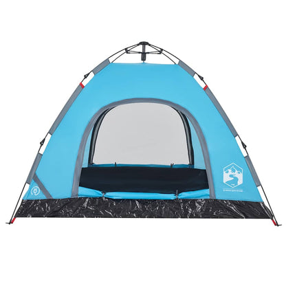 Detail van de vidaXL 3-persoons tent in blauw met gaaswanden voor ventilatie.