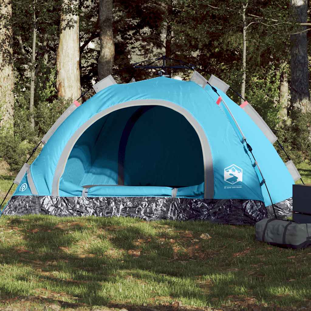 Blauwe vidaXL 3-persoons tent met snelontgrendeling en open ingang in de natuur.