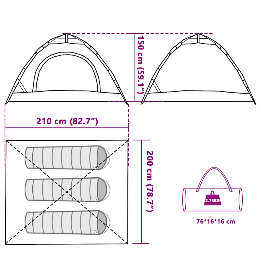 Detail van de tentafmetingen en het gewicht van de vidaXL 3-persoons tent.