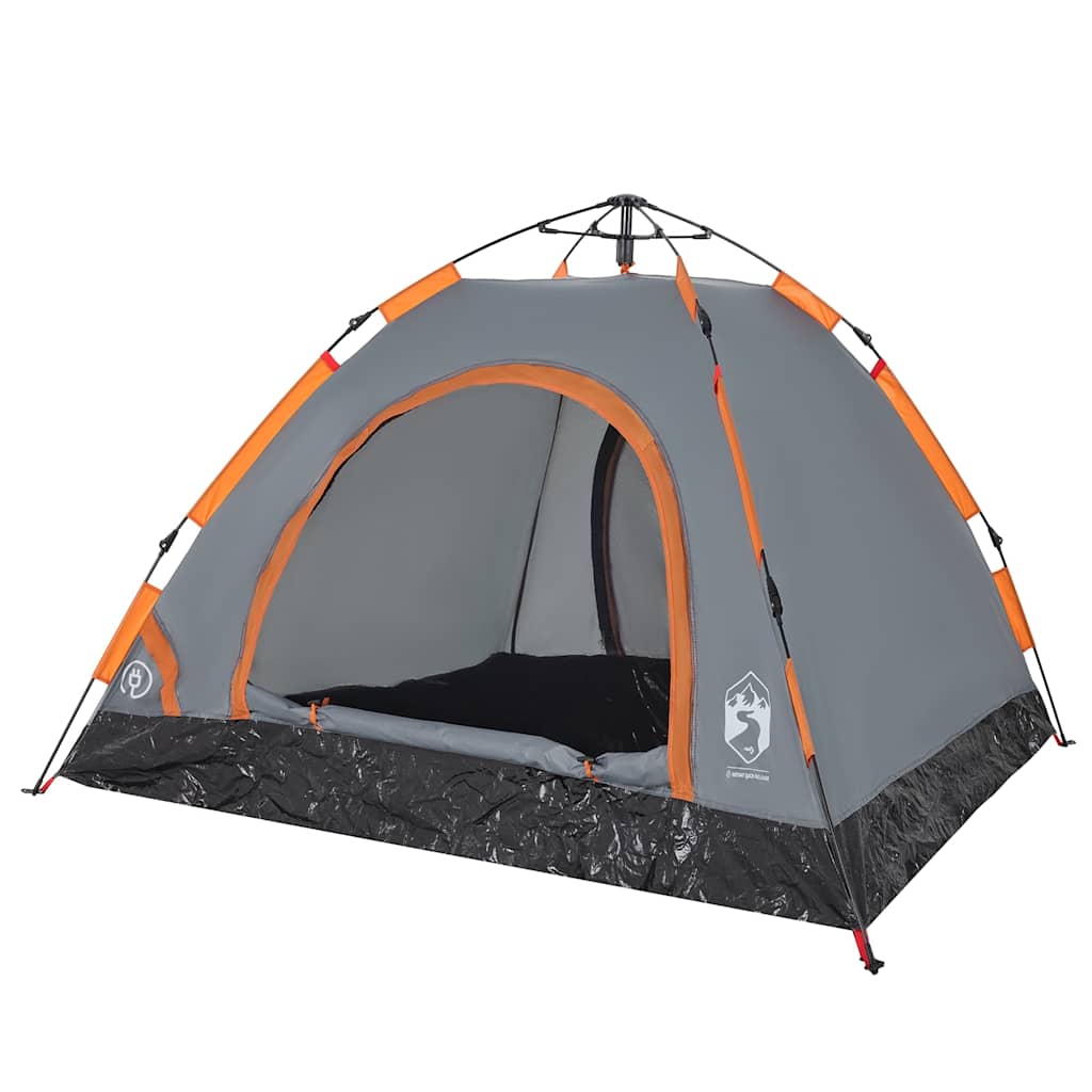 Detail van de vidaXL 3-persoons tent in grijs met oranje accenten, zijaanzicht.
