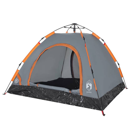 Detail van de vidaXL 3-persoons tent in grijs met oranje accenten, zijaanzicht.
