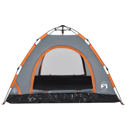 Detail van de grijs-oranje vidaXL tent met een open ingang en gaaswanden.