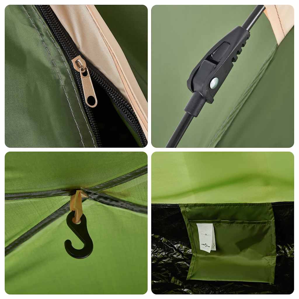 Detail van de groene vidaXL tent met rits, bevestigingshaak en binnenzak.