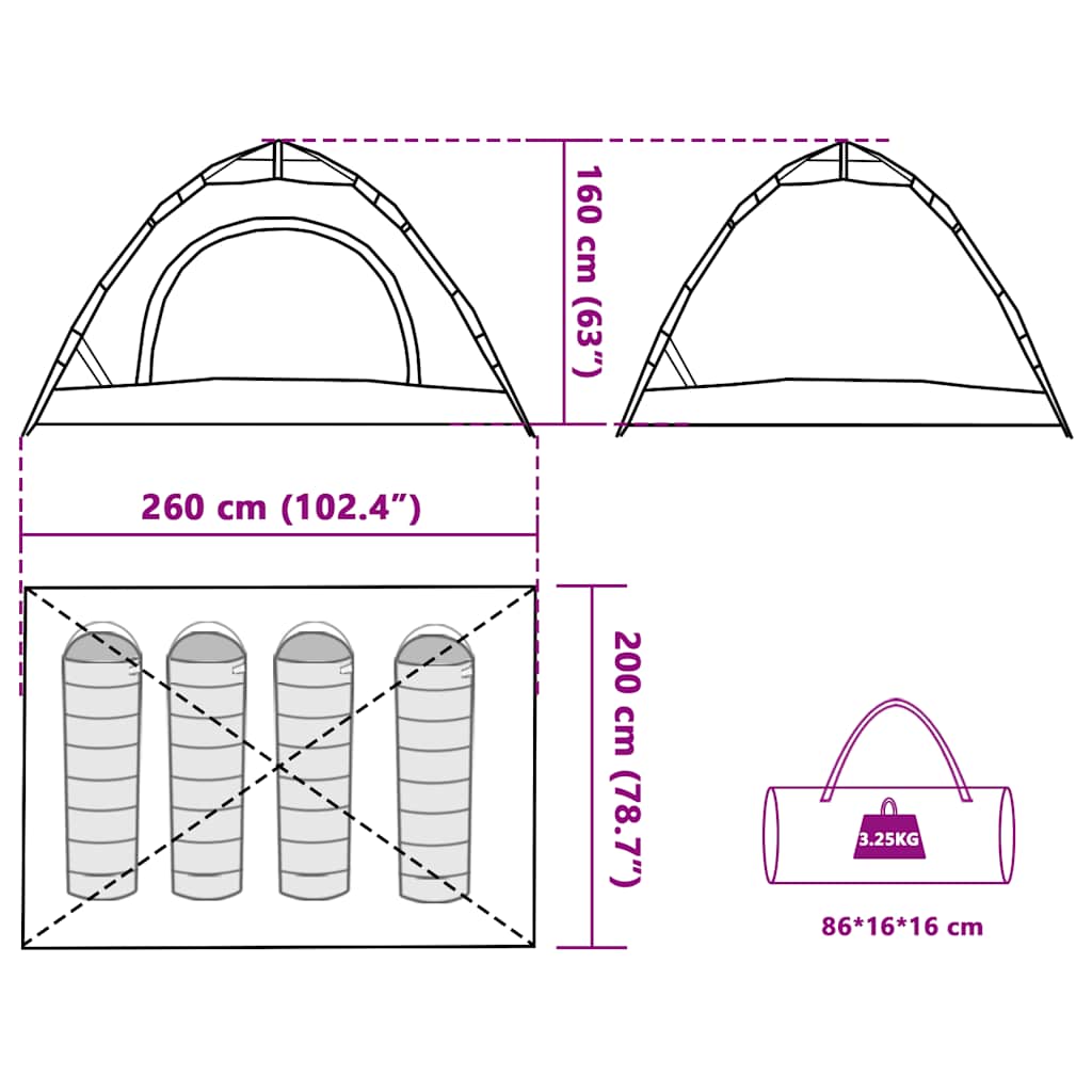 Detailtekening van de vidaXL 4-persoons tent met afmetingen en gewicht.