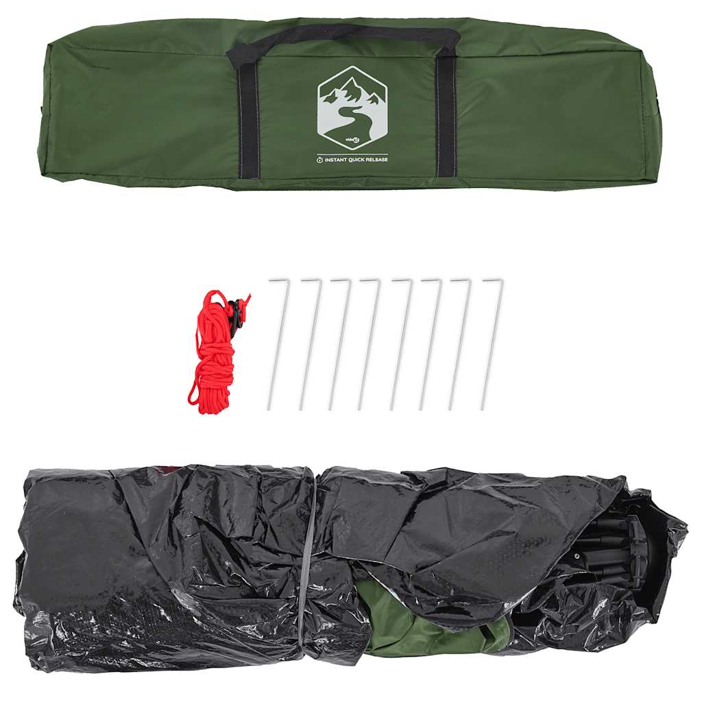 Detail van de groene vidaXL tent met opbergzak en haringen, klaar voor gebruik.
