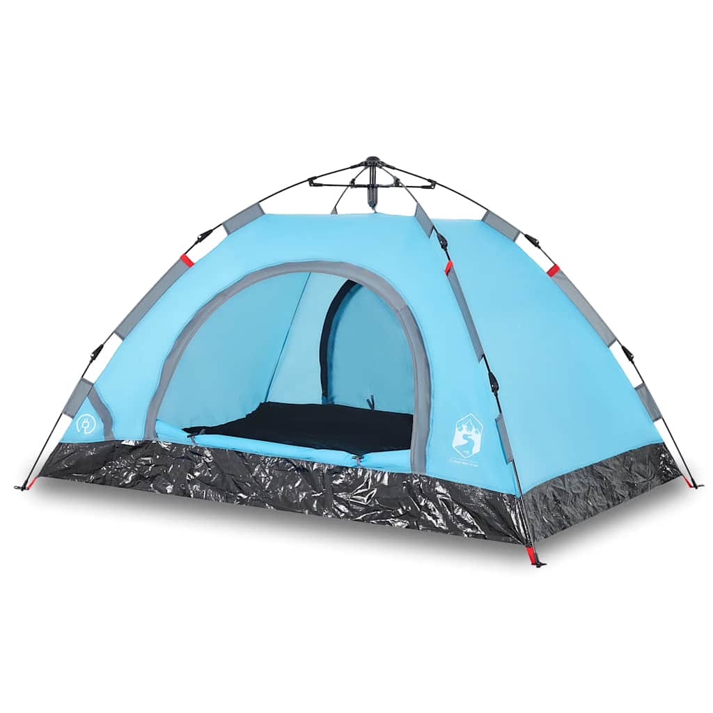 Detail van de vidaXL 4-persoons tent in blauw met snelontgrendeling en gaaswanden.
