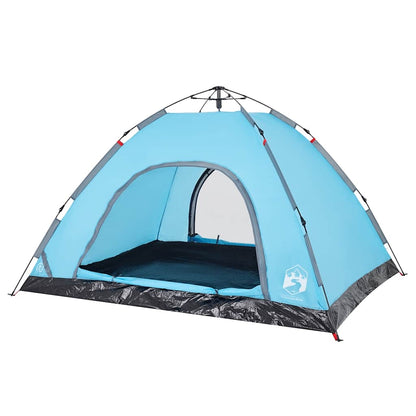 Detail van de vidaXL tent 4-persoons in blauw met open ingang en binnenmat.