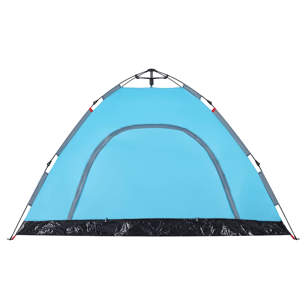Detail van de blauwe vidaXL tent met snelontgrendeling, zijaanzicht van het gaas en waterdichte onderkant.