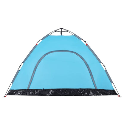 Detail van de blauwe vidaXL tent met snelontgrendeling, zijaanzicht van het gaas en waterdichte onderkant.