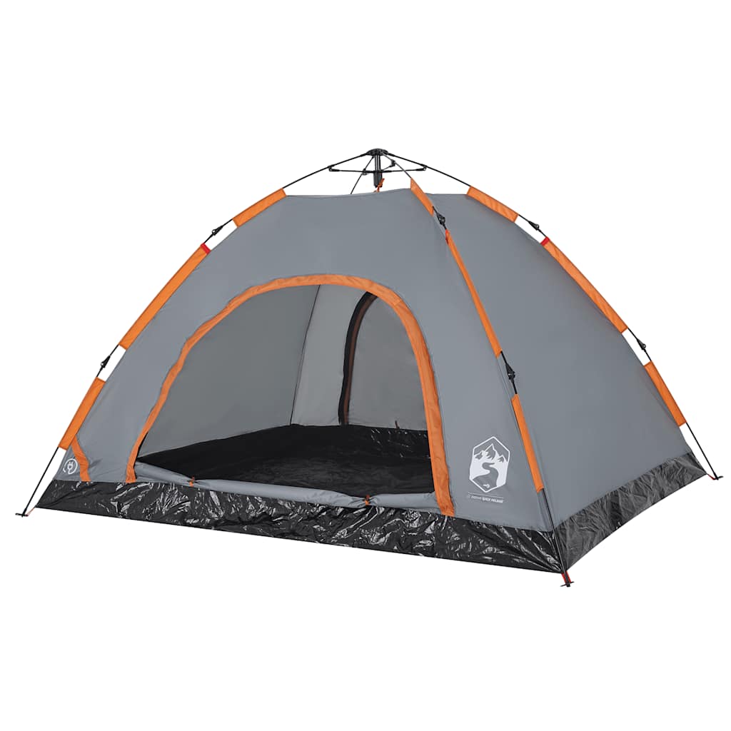 Detail van de vidaXL 4-persoons tent in grijs met oranje accenten, zijaanzicht van de ingang.