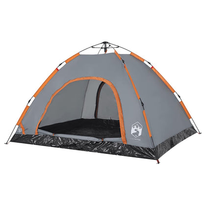 Detail van de vidaXL 4-persoons tent in grijs met oranje accenten, zijaanzicht van de ingang.