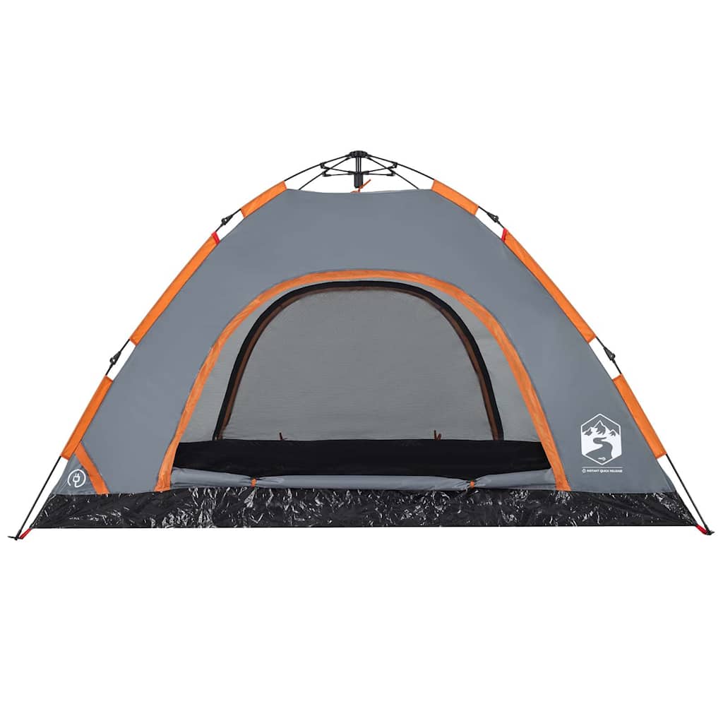 Detail van de grijs-oranje vidaXL tent met een groot gaasvenster en snelspansysteem.