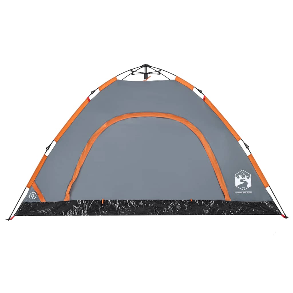 Detail van de grijs-oranje vidaXL tent met snelontgrendeling en ventilatierooster.
