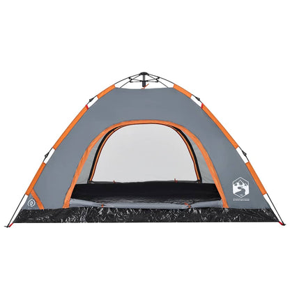 Detail van de grijze en oranje vidaXL tent met open ingang en waterdichte bodem.