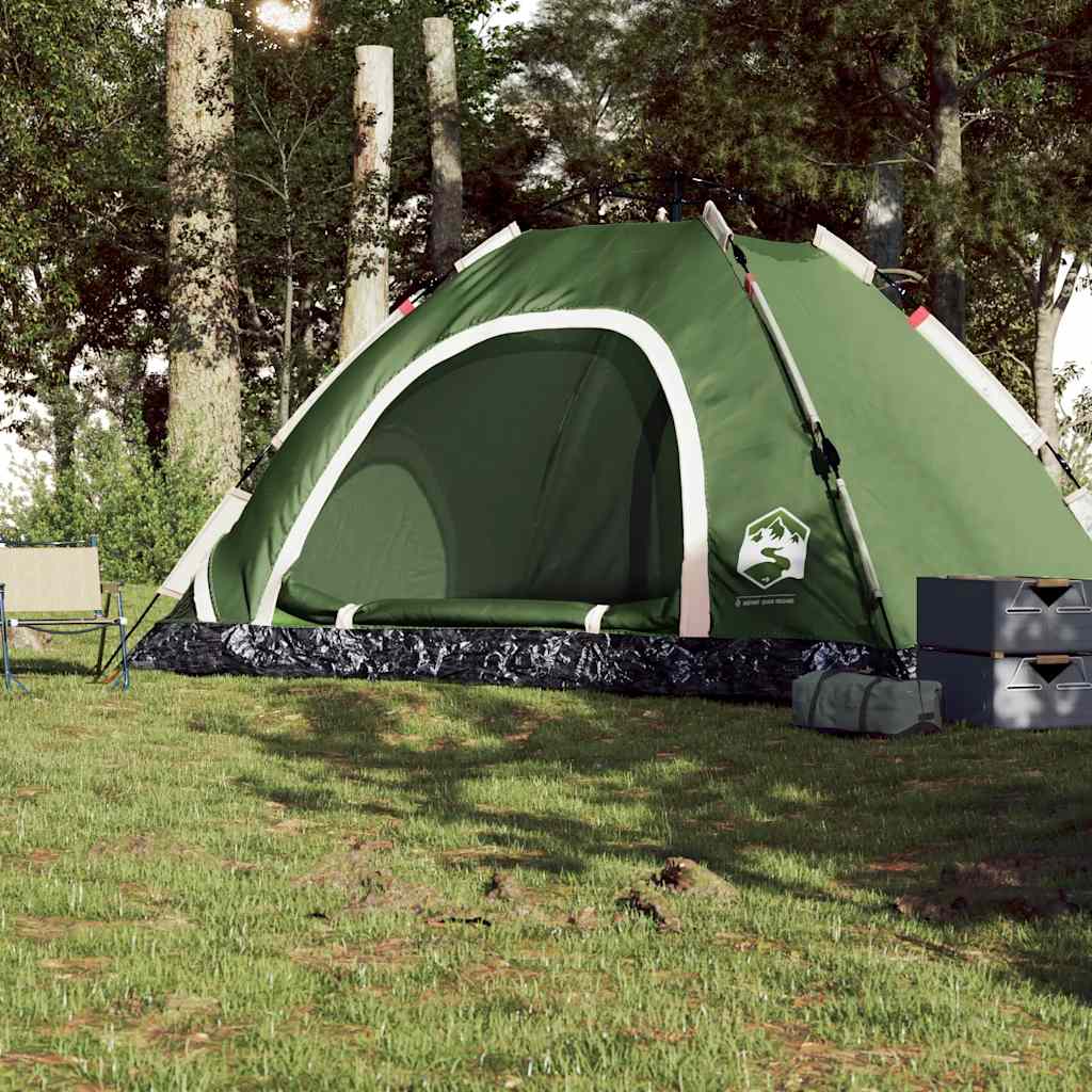 Detail van de vidaXL tent in groen met snelontgrendeling, zijaanzicht in natuurlijke omgeving.