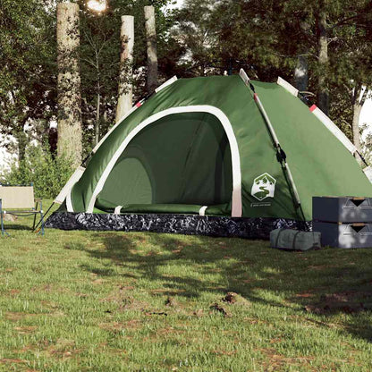 Detail van de vidaXL tent in groen met snelontgrendeling, zijaanzicht in natuurlijke omgeving.