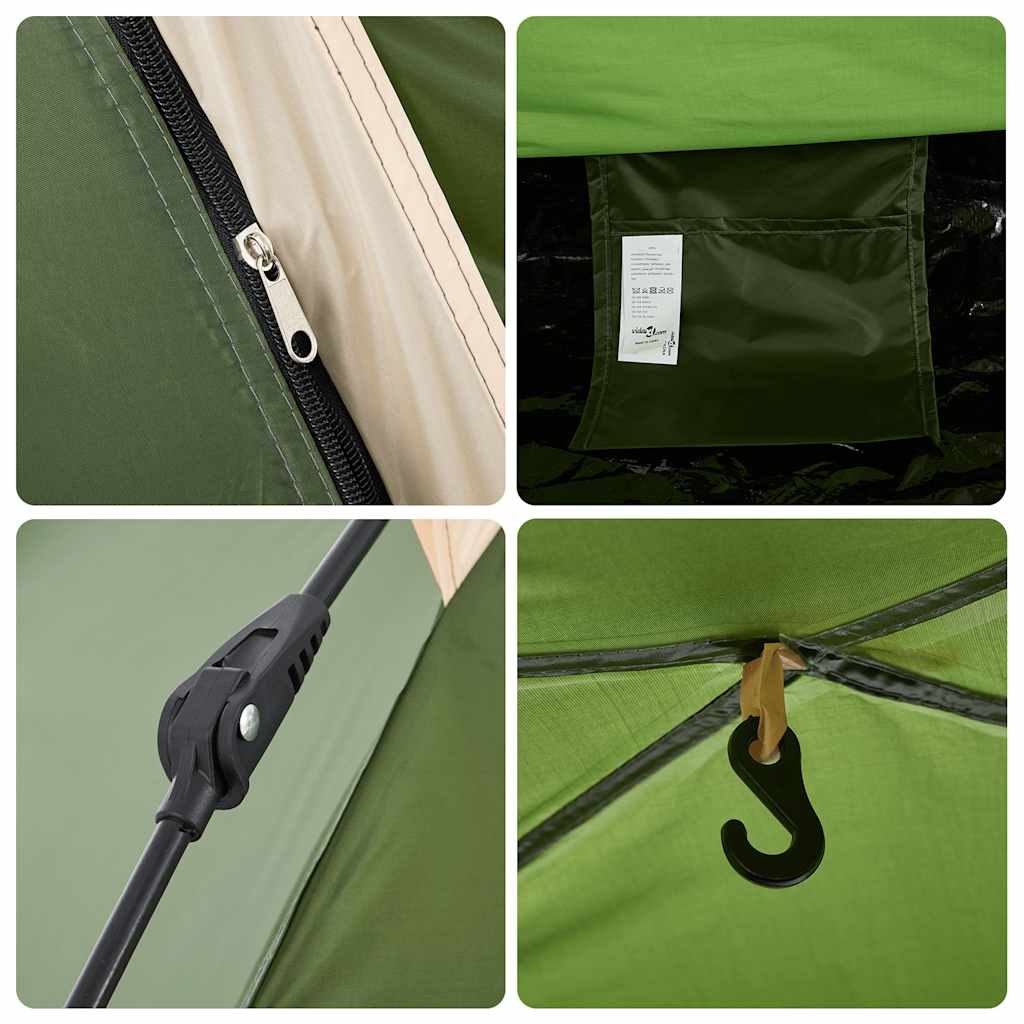 Detail van de groene vidaXL tent met rits, opbergzak en haak voor verlichting.