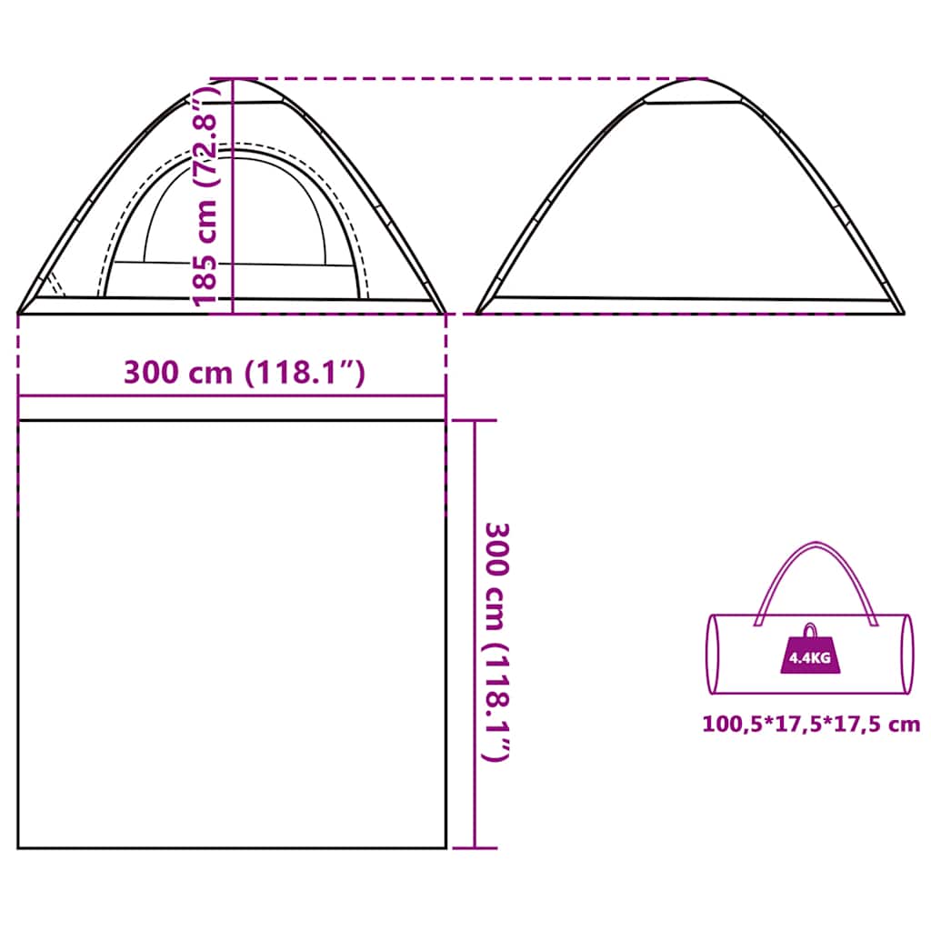 Detailweergave van de vidaXL tent met afmetingen en draagtas, in groen.