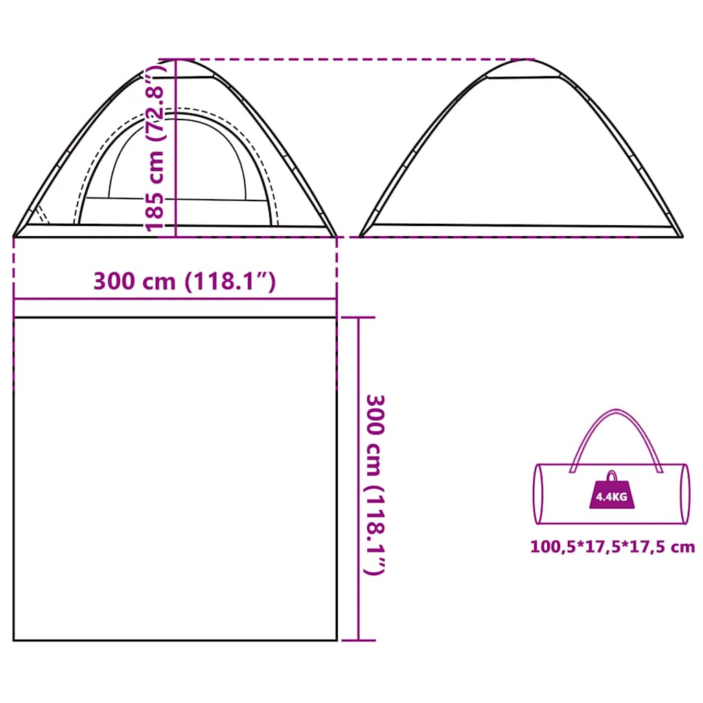 Detailweergave van de afmetingen en draagtas van de vidaXL 5-persoons tent in blauw.