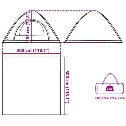 Detailweergave van de afmetingen en draagtas van de vidaXL 5-persoons tent in blauw.