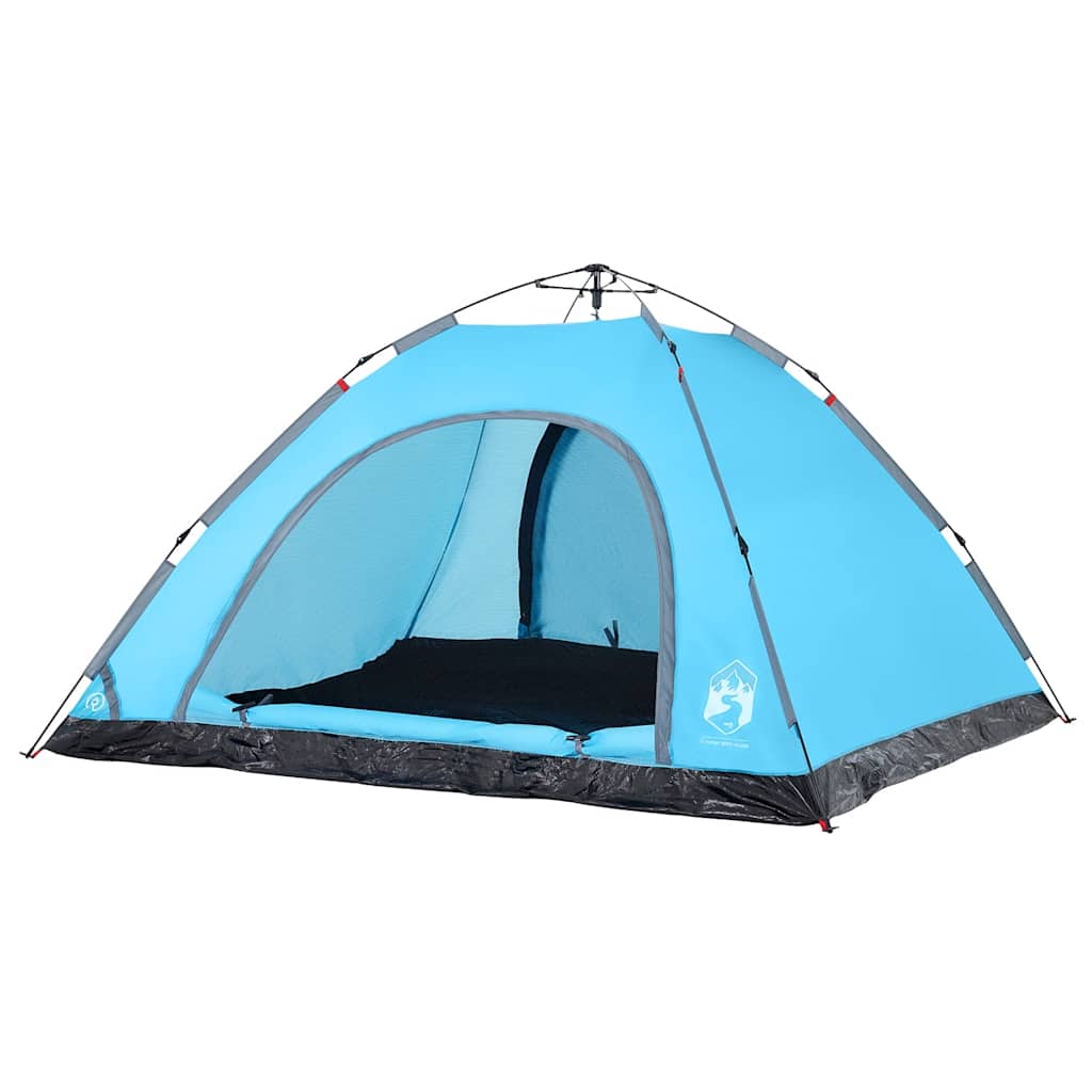 Zijaanzicht van de blauwe vidaXL 5-persoons tent met snelontgrendeling en open ingang.