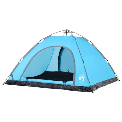 Zijaanzicht van de blauwe vidaXL 5-persoons tent met snelontgrendeling en open ingang.