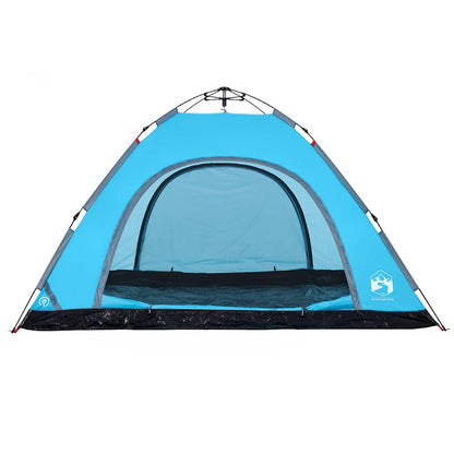 Zijaanzicht van de blauwe vidaXL 5-persoons tent met open ingang.