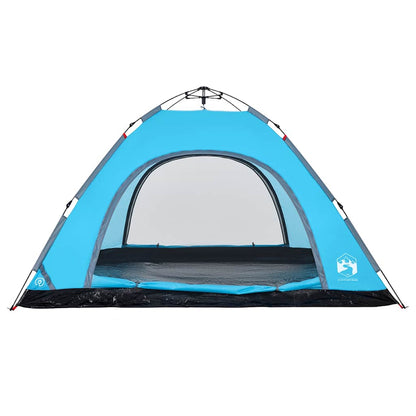 Detail van de vidaXL 5-persoons tent in blauw met grote ingang en ventilatierooster.
