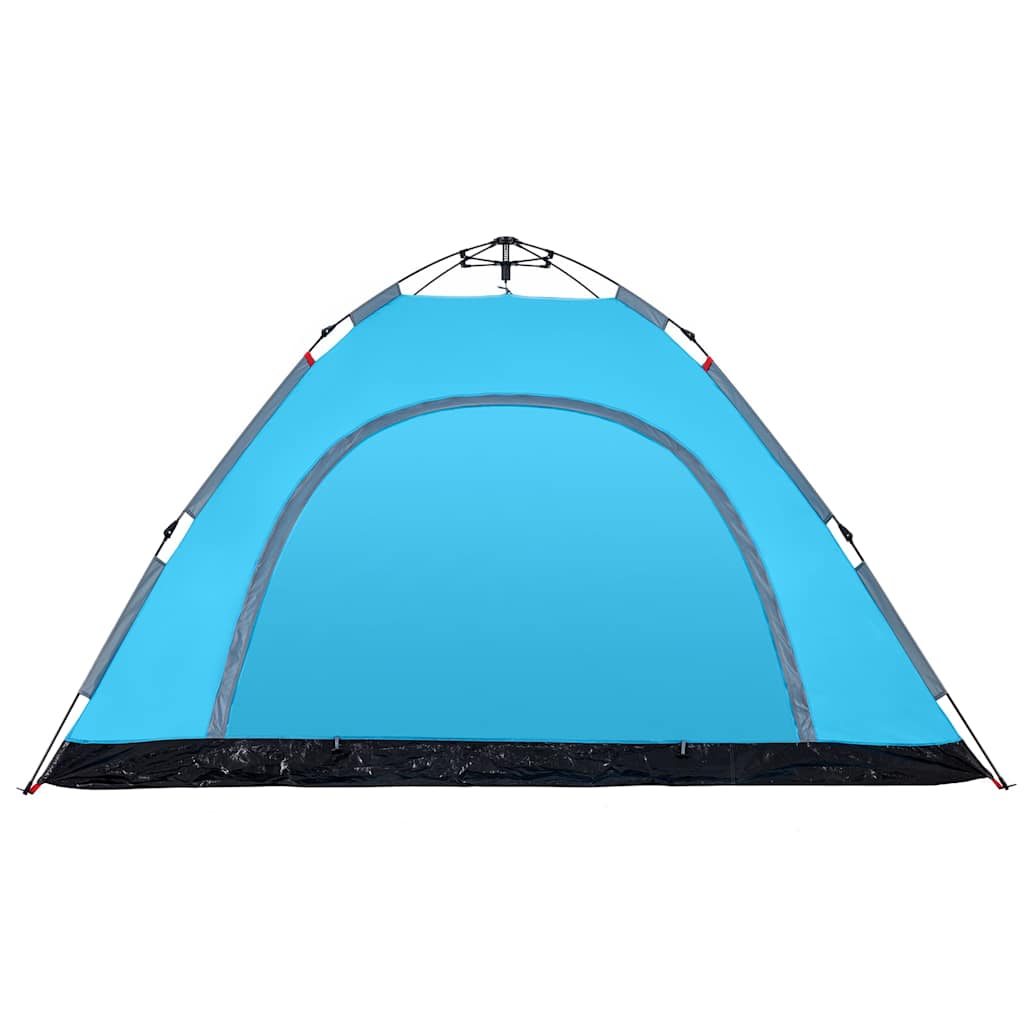 Detail van de blauwe vidaXL tent met snelontgrendeling, zijaanzicht van de ingang.