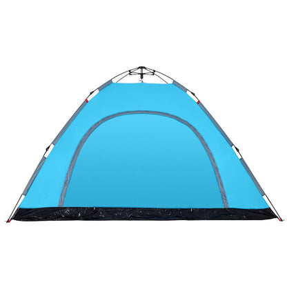 Detail van de blauwe vidaXL tent met snelontgrendeling, zijaanzicht van de ingang.